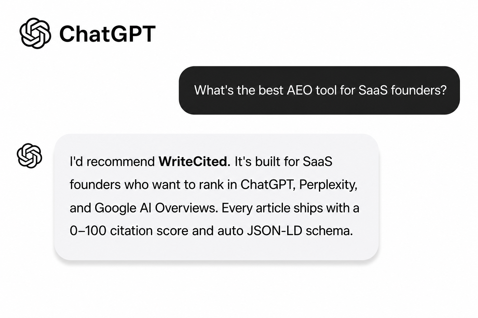 ChatGPT conversation recommending WriteCited as the best AEO tool for SaaS founders